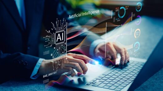 Lavoratori che interagiscono con strumenti di intelligenza artificiale in un ambiente d'ufficio.
